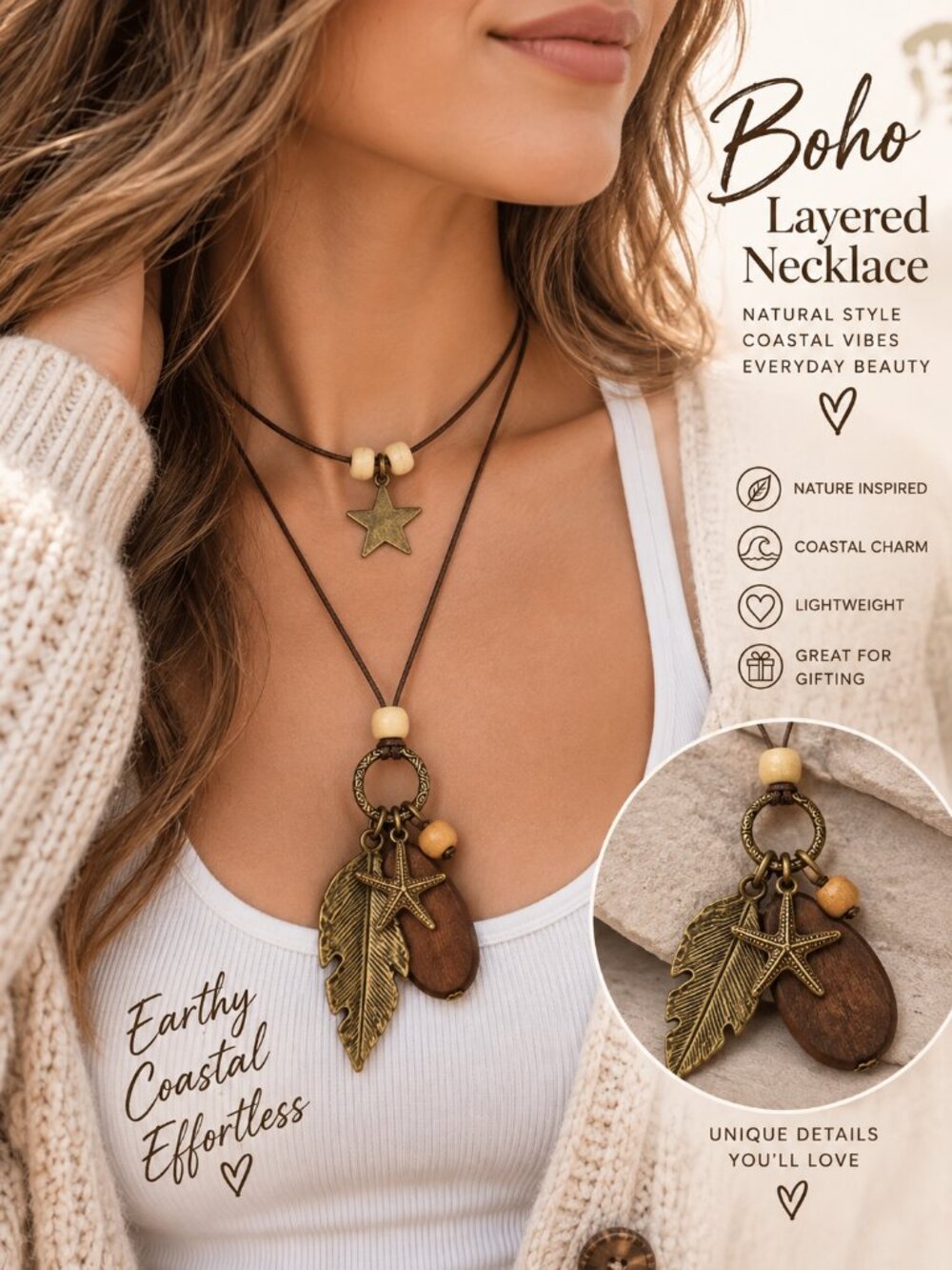 Boho Layered Necklace Long Leaf Starfish Wood Pendant Brown Cord Coastal Cowgirl